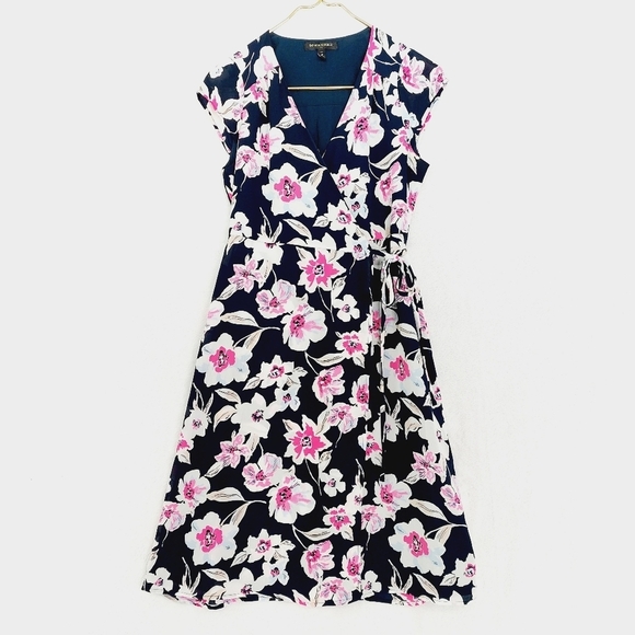 Banana Republic Black, White & Pink Floral Cap Sleeve Wrap Midi Dress 914 - Picture 1 of 7